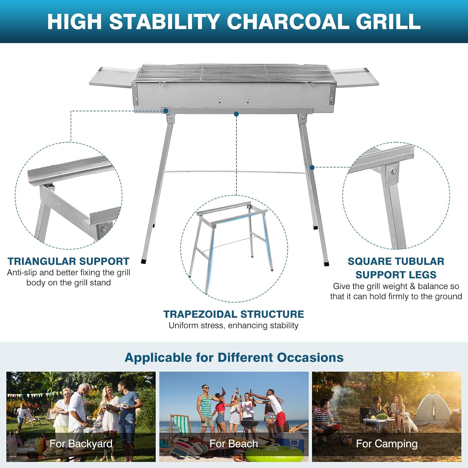 IRONWALLS Portable Charcoal Grill Outdoor Cooking, 32'L x 10'W Folded Camping Barbecue Grill with Storage Shelf, Metal Kebab Skewers, Rectangular Lamb Skewer Grill for Backyard Party Picnic Travel