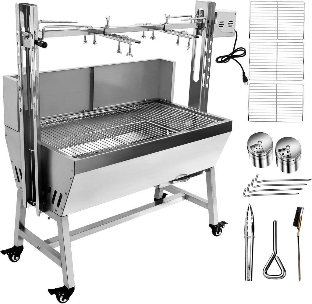 Stainless Steel Rotisserie Grill with Windscreen, Electric 25W Motor Outdoor Cooking Spit Roaster, 132 LBS BBQ Spit Roaster, BBQ Whole Pig Lamb Goat Charcoal Spit Grill Rotisserie Roaster System