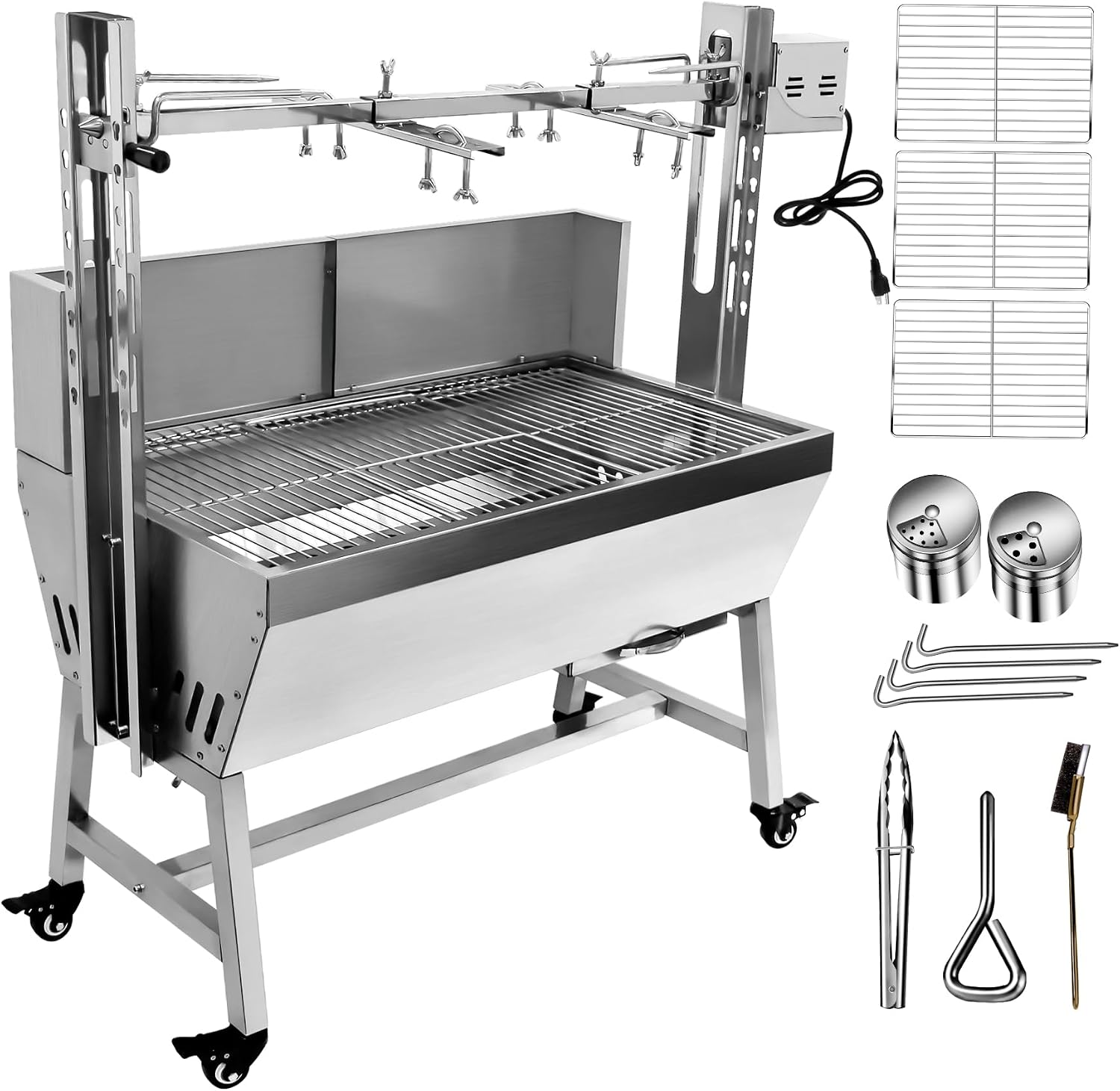 Stainless Steel Rotisserie Grill with Windscreen, Electric 25W Motor Outdoor Cooking Spit Roaster, 132 LBS BBQ Spit Roaster, BBQ Whole Pig Lamb Goat Charcoal Spit Grill Rotisserie Roaster System