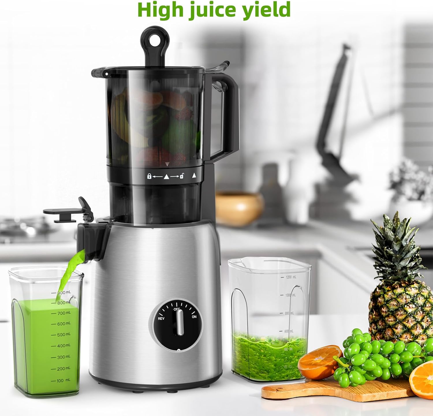 Crzoe 300W Cold Press Juicer with a 5.4 Wide Feed Chute for Whole Fruits and Vegetables,Vintage knob,Slow Masticating juicer, Easy to Clean and High juice Yield,Cylindrical body,Stainless Steel