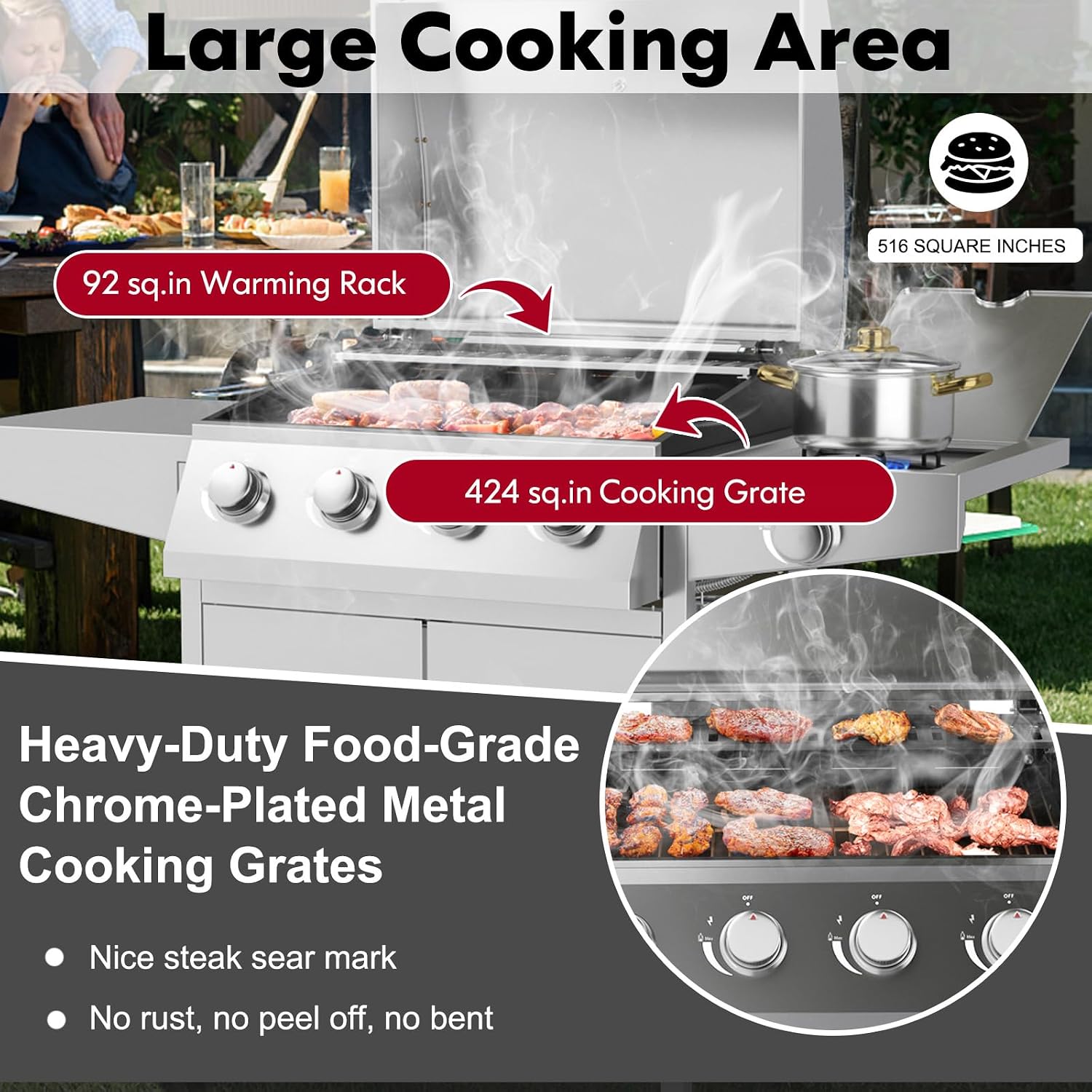 Giantex Propane Gas Grill 50,000 BTU, 4 Main Burners, 1 Side Burner, 2 Prep Tables, Stainless Steel Heavy-Duty BBQ Grill with 4 Wheels for Backyard Party Outdoor Cooking