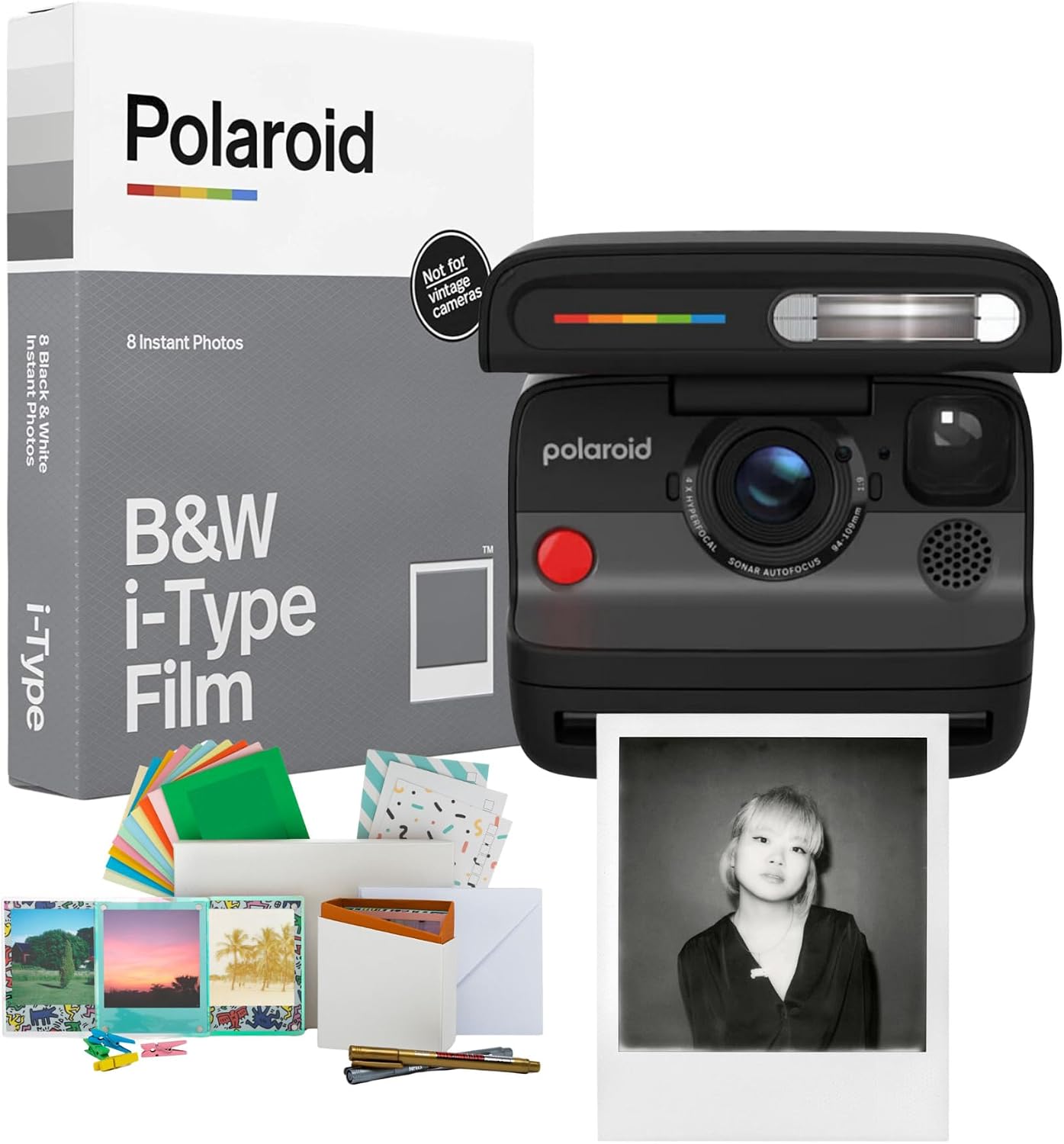 Polaroid Flip Instant Camera with Sonar Autofocus and Retro Design (Black) Bundle with B&W Film for i-Type and Accessories Kit (3 Items)