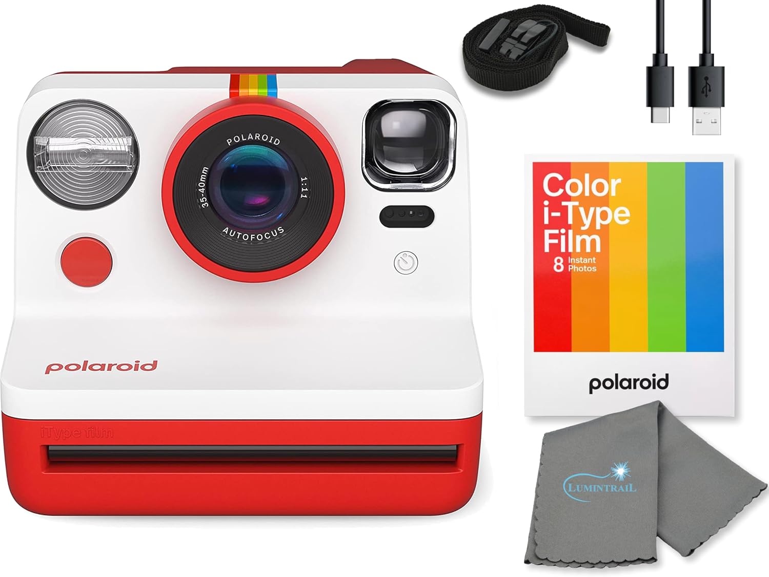 Polaroid Gen 2 Now I-Type Instant Film Camera - Red Bundle with a Color i-Type Film Pack (8 Instant Photos) and a Cleaning Cloth