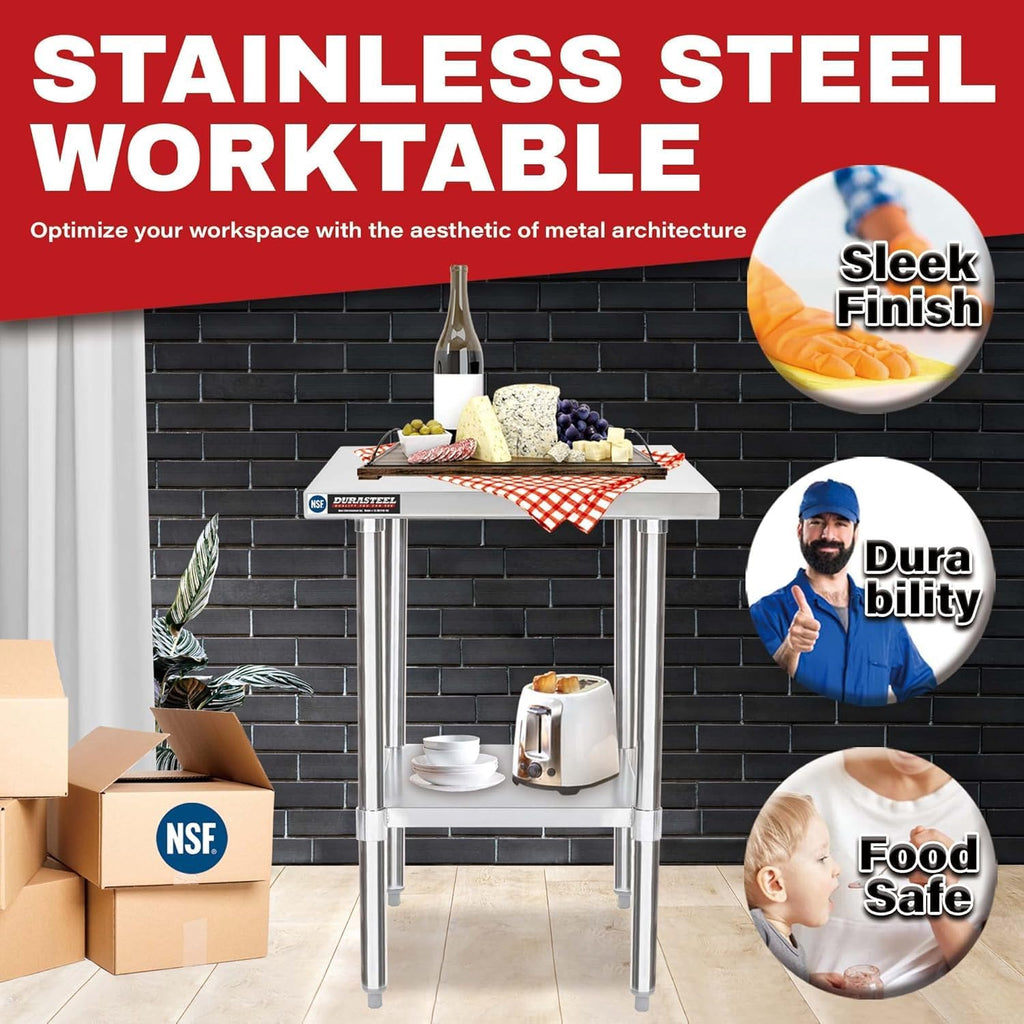 DuraSteel 24x18 Stainless Steel Work Table - NSF Commercial Prep Metal Table - Outdoor Pizza Oven Stand w/Under Shelf - Kitchen Island Laundry Utility Garage Microwave Stand Large Rolling Storage Cart