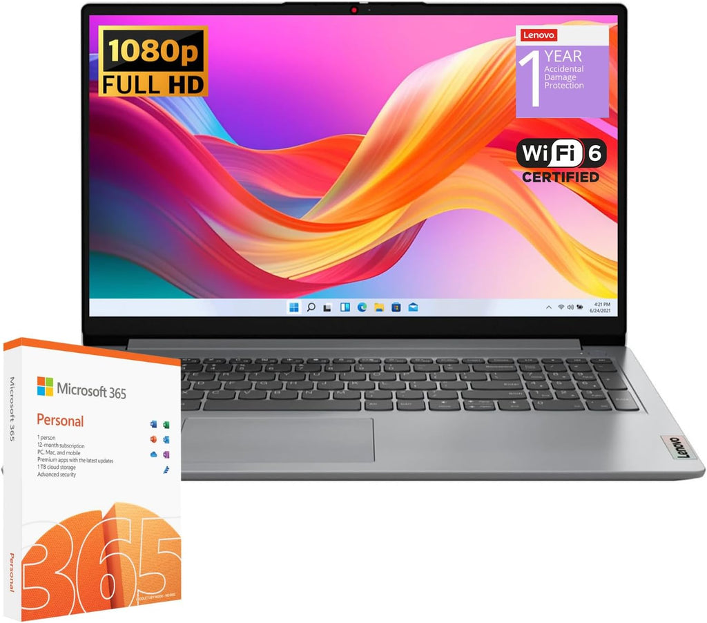 Lenovo IdeaPad 1 Student Laptop, Intel Dual Core Processor, 8GB RAM, 128GB SSD + 128GB eMMC, 15.6' FHD Display, 1 Year Office 365, Windows 11 Home, Wi-Fi 6, Webcam, Bluetooth, SD Card Reader, Grey