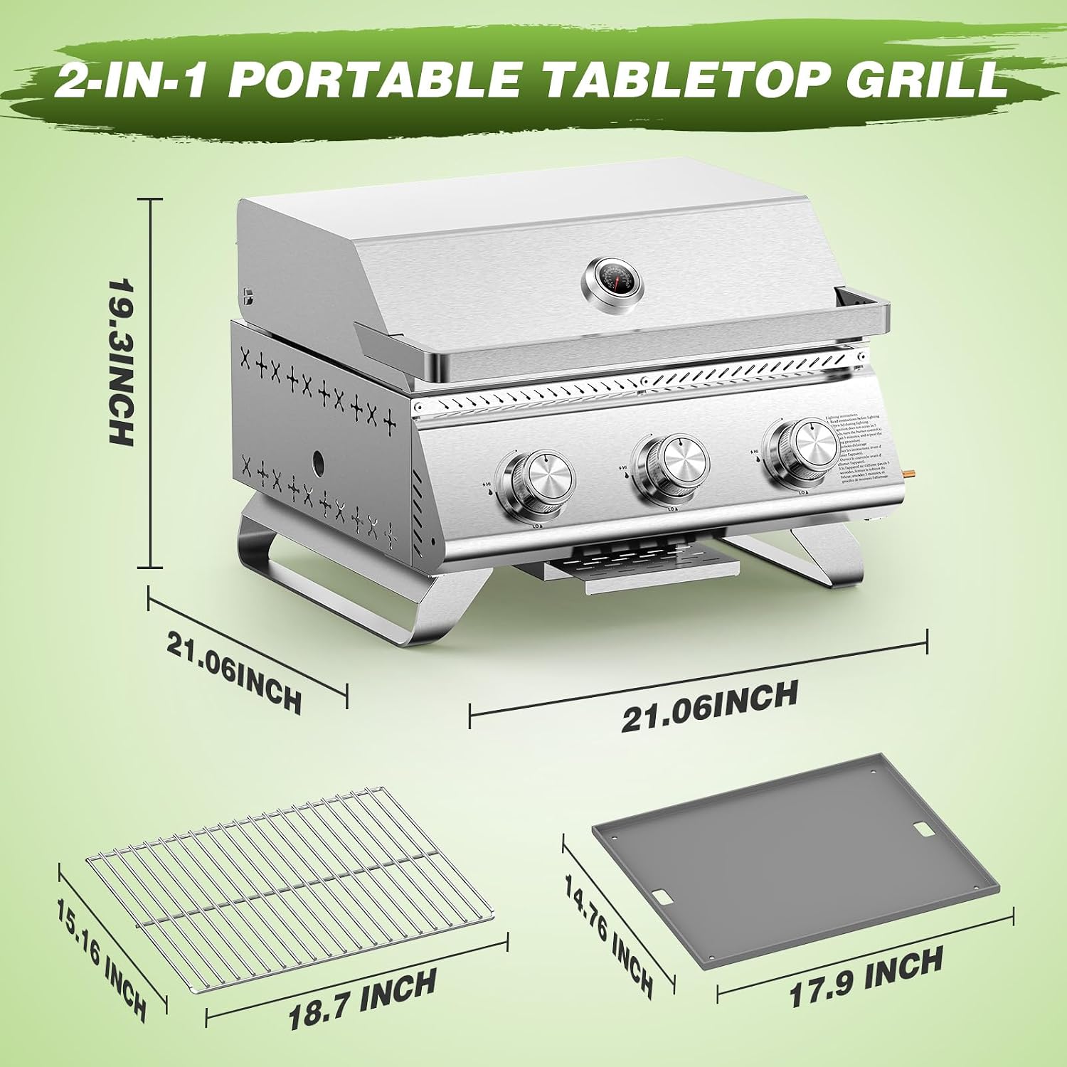 COWSAR Portable 3-Burner Table Top Gas Grill with Griddle, Stainless Steel BBQ Propane Grill, Flat Top Grill with Lid for Outdoor Cooking Camping or Tailgating, 24,000 BTU