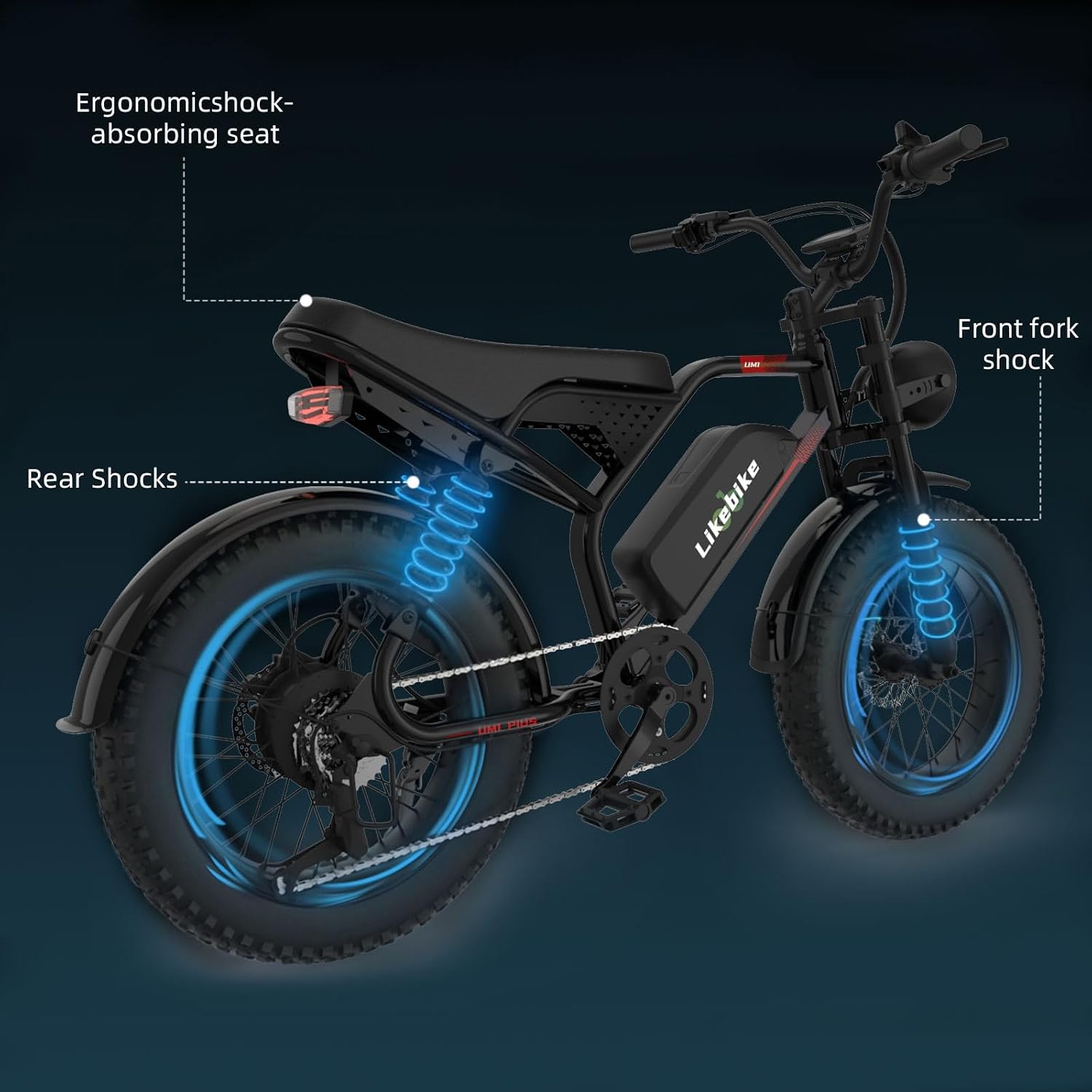Likebike Electric Bike for Adults 1500W/2000W/3000W Peak,32/36/47MPH 20' Fat Tire Ebike, 48V 20AH/23AH/33Ah Removable Battery 7-Speed Full Suspension Mountain Bike Off Road Hydraulic Disc Brake