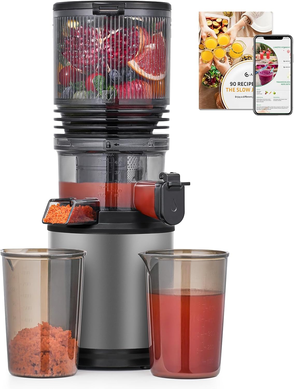 Cold Press Juicer Machine with 6' Extra-Wide Feed Chute,Triple Stainless Steel Filter,Quiet DC Motor,Easy to Clean,Slow Masticating Juicer High Juice Yield,Grey