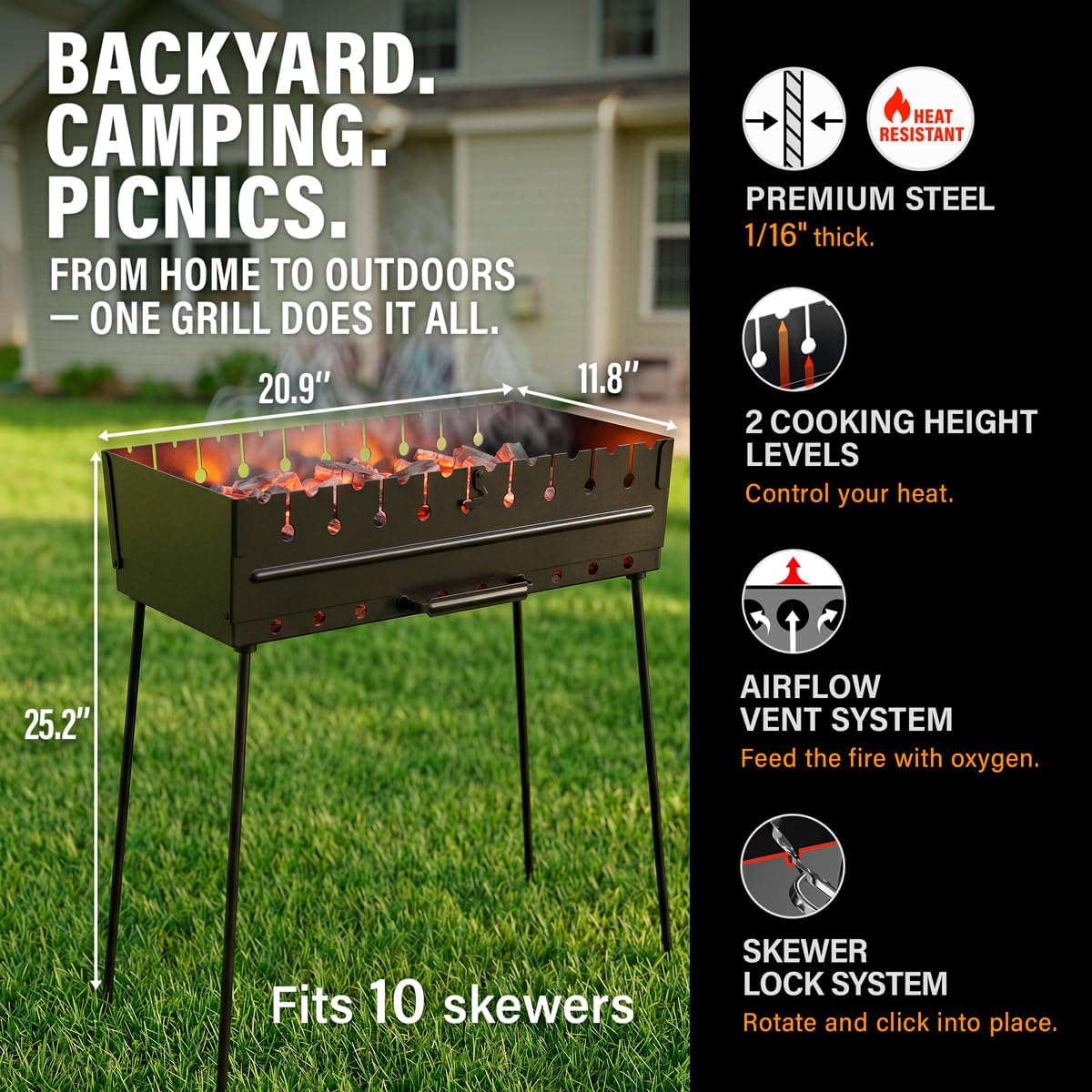 Charcoal Grill for 10 Skewers - Portable Barbecue Kabob Camp Grills - Foldable Metal Mangal - Kebab Shish BBQ for EDC Picnic Outdoor Cooking Camping Hiking (Skewers Not Included)