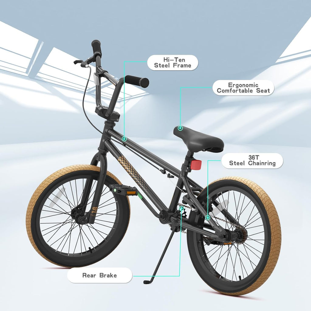 KORIMEFA Freestyle BMX Bike 18 20 inch Kids Boys Trick Bicycle for 7-12 Years Old, Hi-Ten Steel Frame, Beginner-Level to Advanced Riders