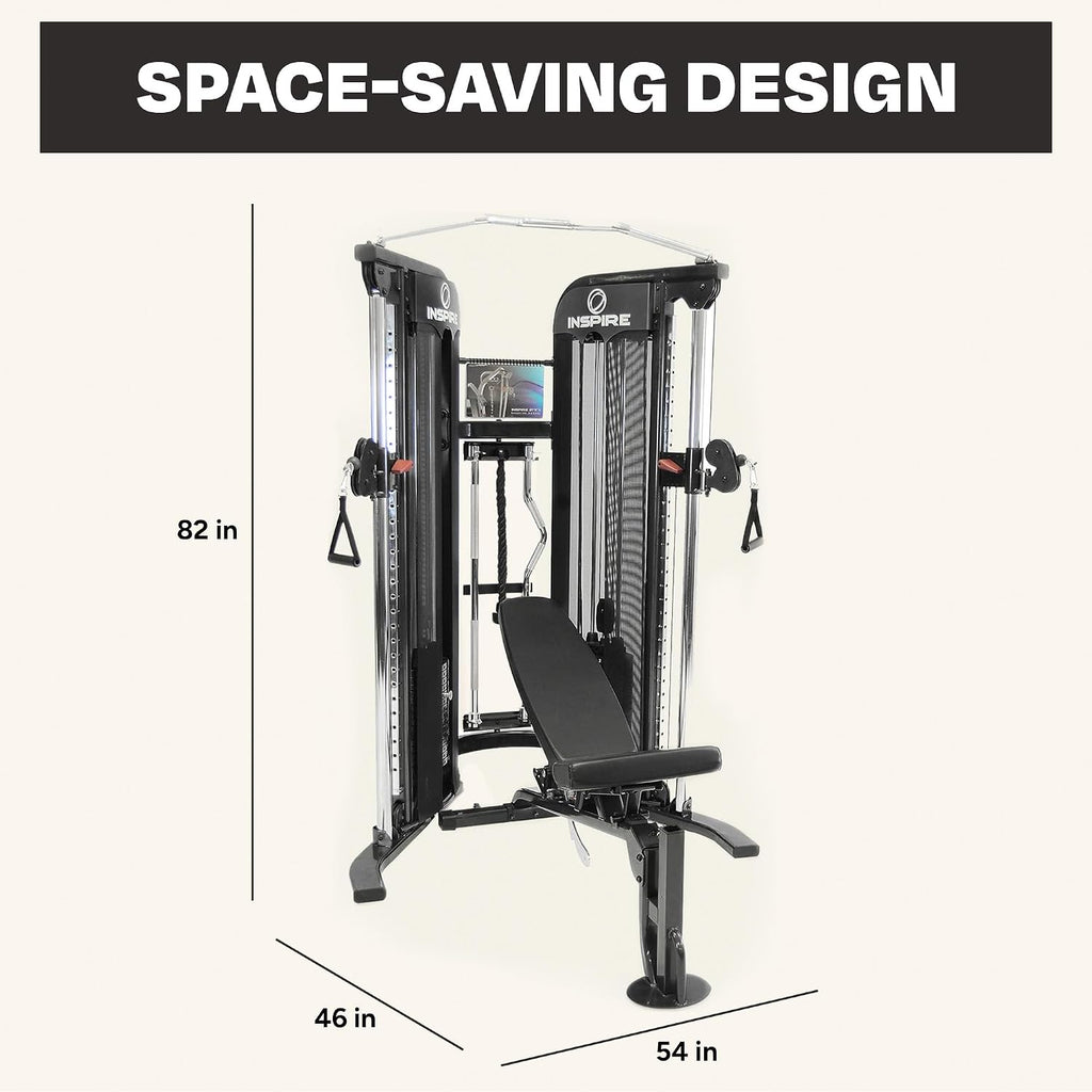 Inspire Fitness FT1 Functional Trainer with Bench - Compact at Home Workout Machine with Accessories - Two 165 lb Weight Stacks - Smooth Glide Cable Machine with Weight Bench