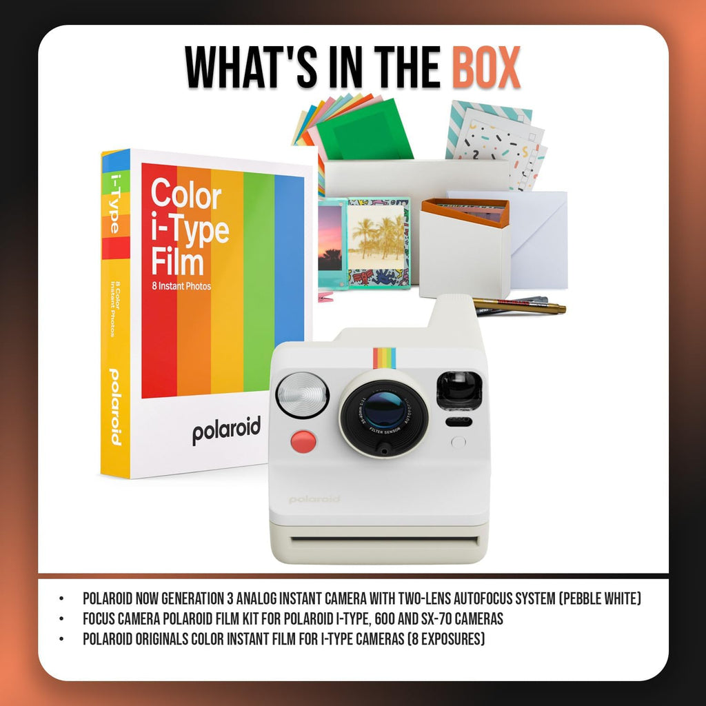 Polaroid Now Generation 3 Analog Instant Camera with Two-Lens Autofocus System (Pebble White) Bundle with Focus Camera Polaroid Film Kit and Originals Color Instant Film (8 Exposures) (3 Items)