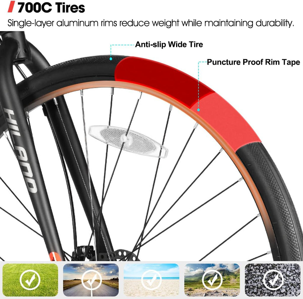 HILAND 700C Road Hybrid Bike, 7 speeds Bikes Urban City Commuter Bicycle with Disc Brake for Men Women Adult Comfortable Bicycle
