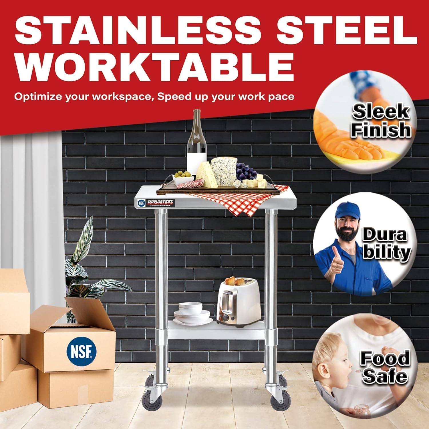 DuraSteel 24x12 NSF Stainless Steel Cart Work Table - Heavy Duty Rolling Food Prep Table - Metal Utility Cart on Wheels Caster, Grill Stand Microwave Outdoor Kitchen Tables Countertop Island Top Vevor