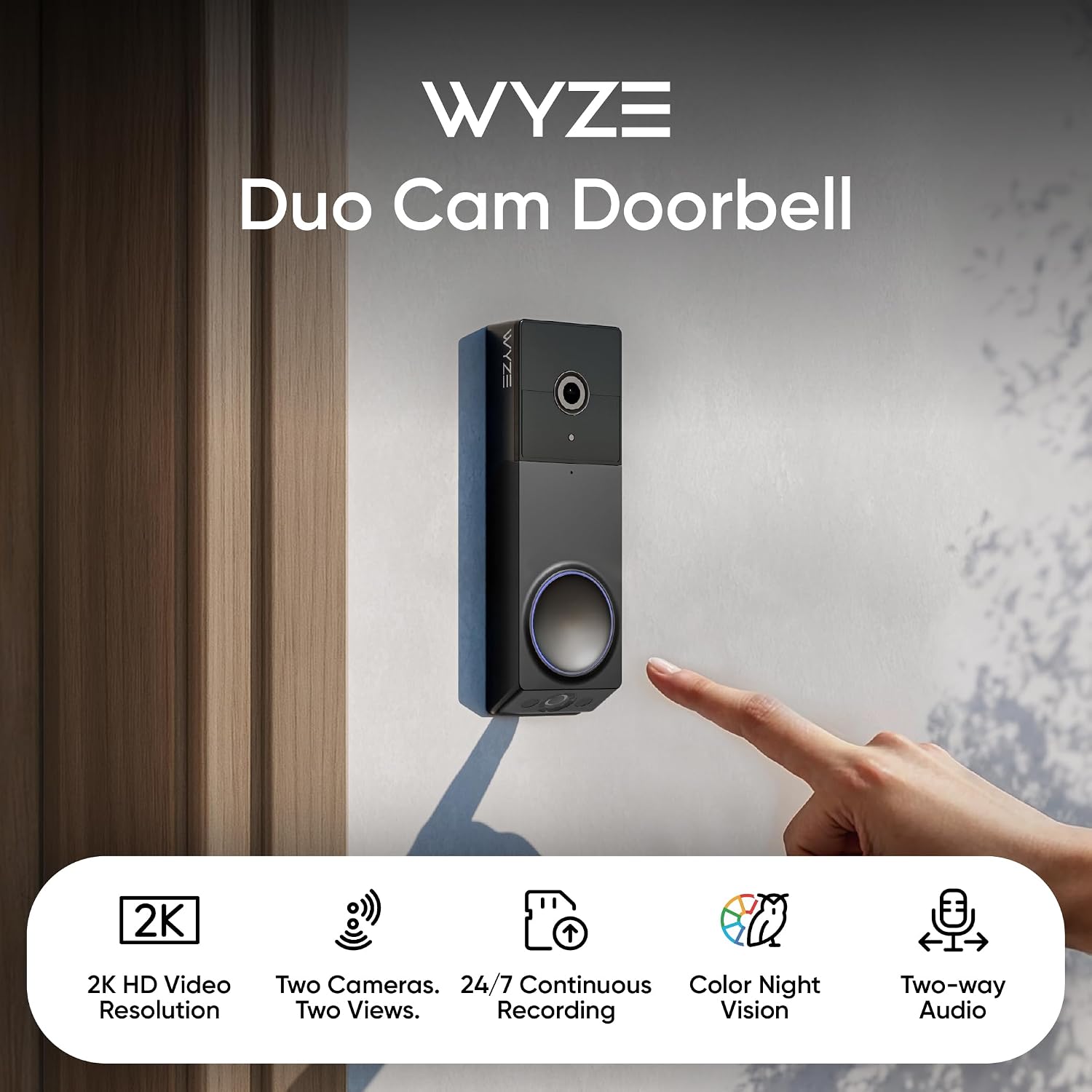WYZE Wireless Duo Cam Video Doorbell (Chime Included), Battery Powered, 2K Full HD Video, 2 Cameras (People and Package), 2-Way Audio, Color Night Vision, Silver