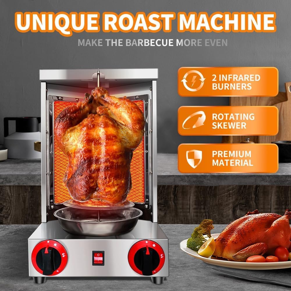 Li Zhen Shawarma Machine Gas Vertical Doner Kebab Machine Shawarma grill Vertical Rotisserie Machine Propane Vertical Broiler with 2 Burner and Meat Catch Pan for Kitchen,(Patented Product)