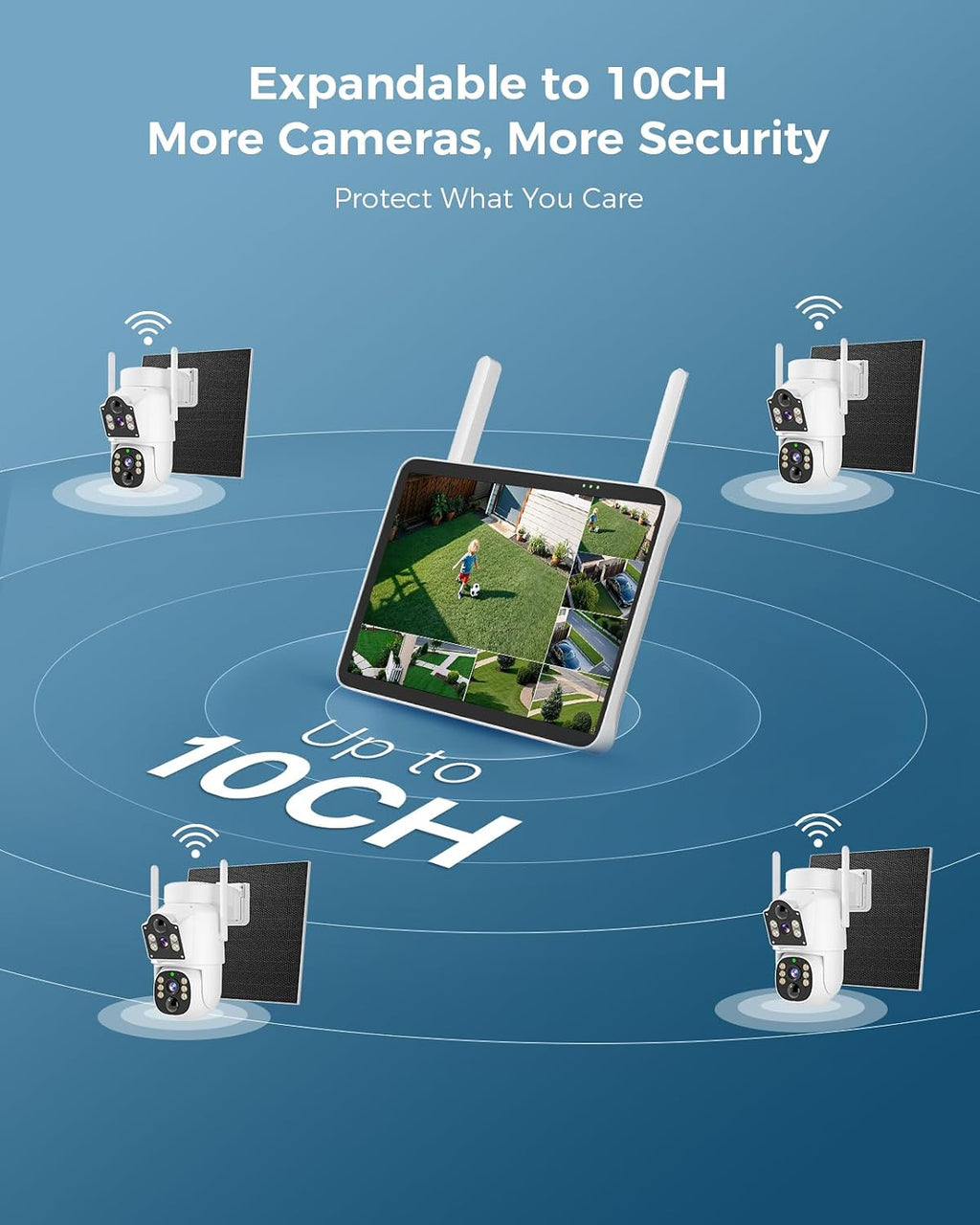 Hiseeu Solar Security Cameras Wireless Outdoor, Auto Tracking Dual-Lens Wireless Cameras for Home Security with 10' Touchscreen, 2.4 & 5GHz WiFi Pro 4 Cam-Kit, 2 Way Audio, 500GB HDD, 0 Monthly Fee