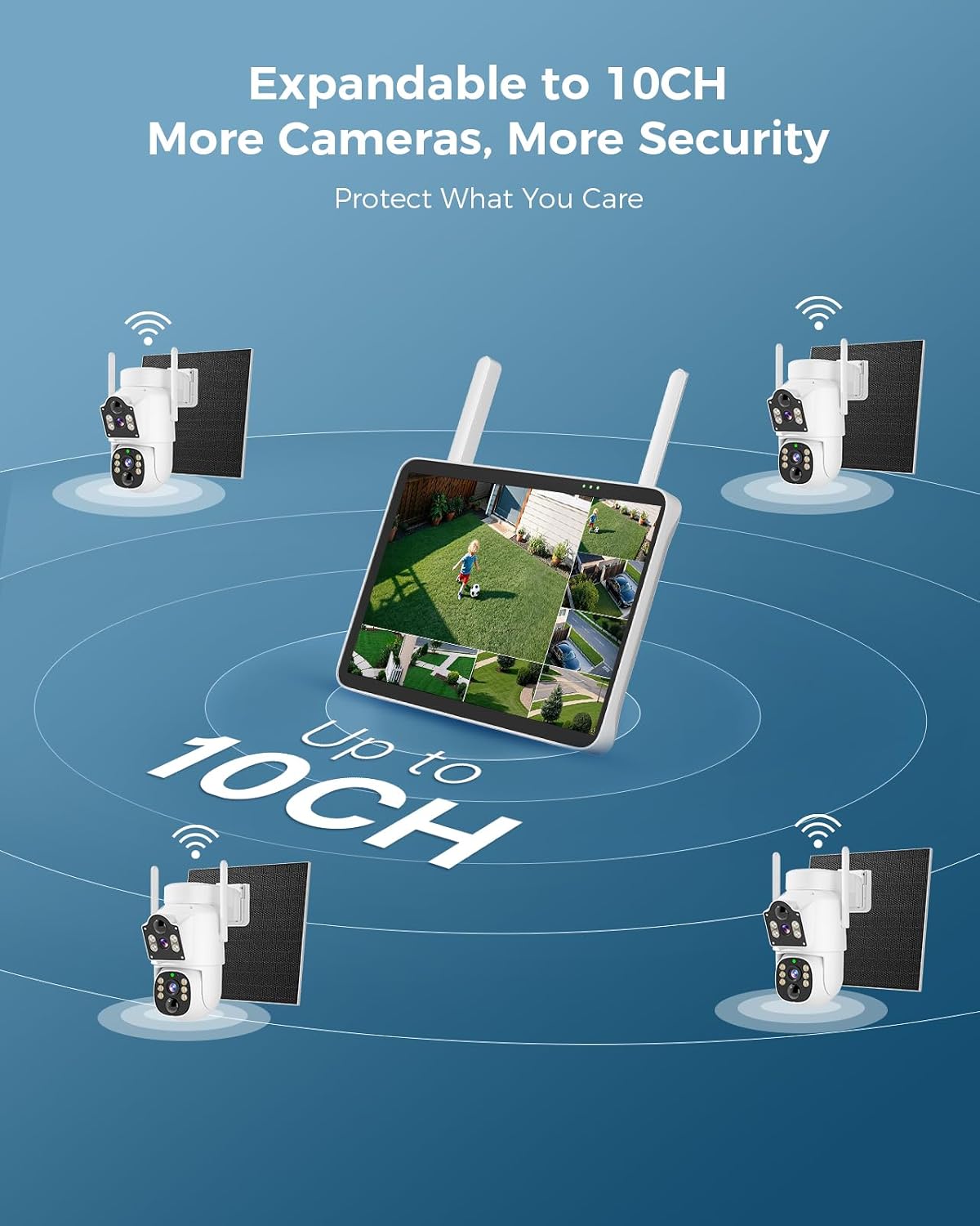 Hiseeu Solar Security Cameras Wireless Outdoor, Auto Tracking Dual-Lens Wireless Cameras for Home Security with 10' Touchscreen, 2.4 & 5GHz WiFi Pro 4 Cam-Kit, 2 Way Audio, 500GB HDD, 0 Monthly Fee