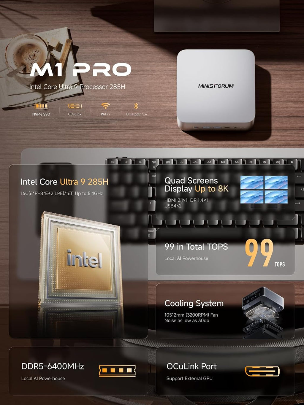 MINISFORUM M1 Pro AI Mini PC Intel Core Ultra 9 285H (16C/16T, Up to 5.4Ghz), 32GB DDR5 1TB SSD, 99 TOPS, 2xUSB4/HDMI/DP Quad Display, OCuLink, 2.5G LAN, Dual Speaker/DMIC, WiFi 7, BT5.4, Arc 140T GPU