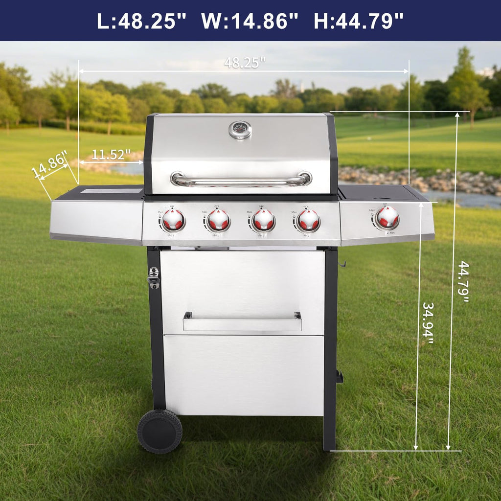 4-Burner Gas Grill with Side Burner, 49,000 BTU, Outdoor BBQ Grill with Cast Iron Grates, Griddle and Charcoal Pan, 3-in-1 Convertible Cooking, Easy-Clean System & Side Shelves