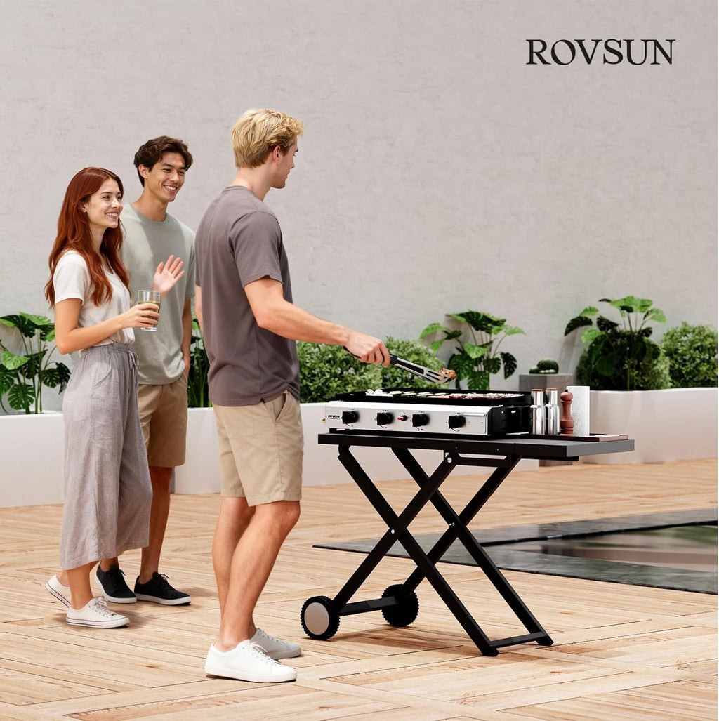 ROVSUN 40000 BTU Foldable Flat Top Gas Grill with Wheels & Enameled Tray, 4 Burner Portable Propane Griddle with Electronic Ignition & Regulator for Outdoor Cooking Camping BBQ Tailgating Picnicking