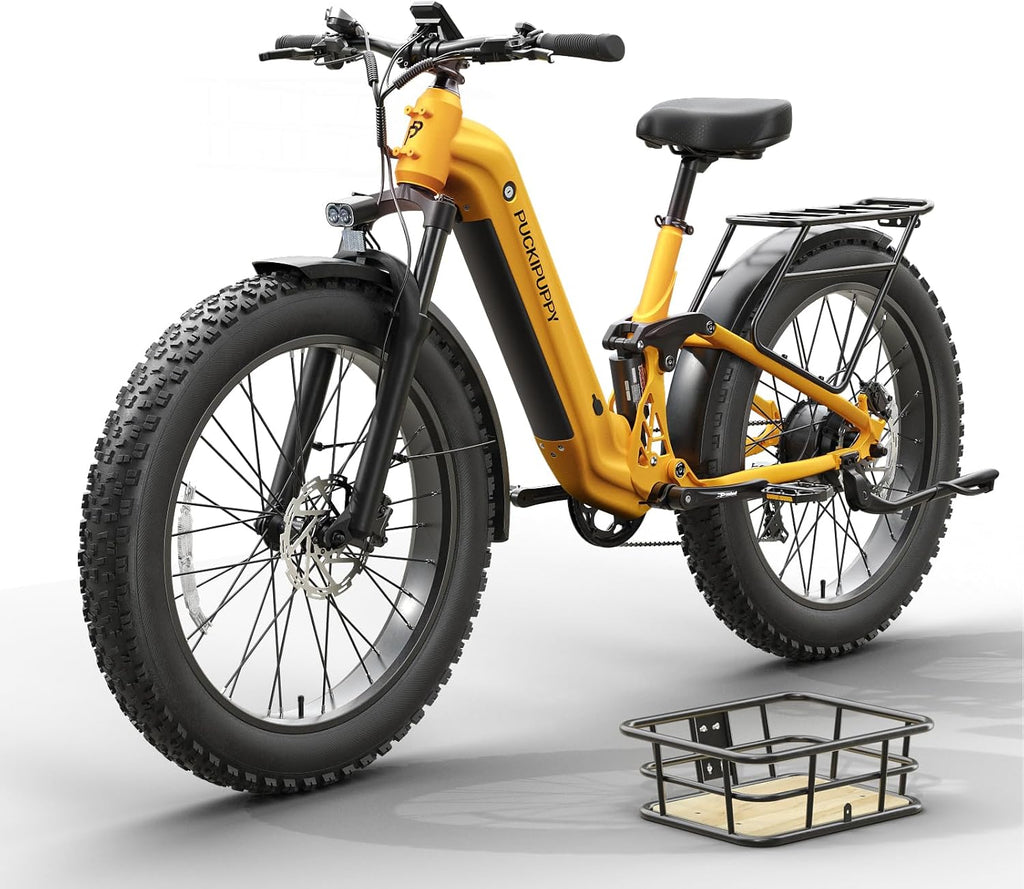 PUCKIPUPPY Electric Bike for Adults 960W, 48V 20AH Battery Adult Ebike, Full Suspension 26' Fat Tire E Bike, 28MPH 80Miles Range Mountain Electric Bicycle, 7 Speed, Hydraulic Disc Brakes