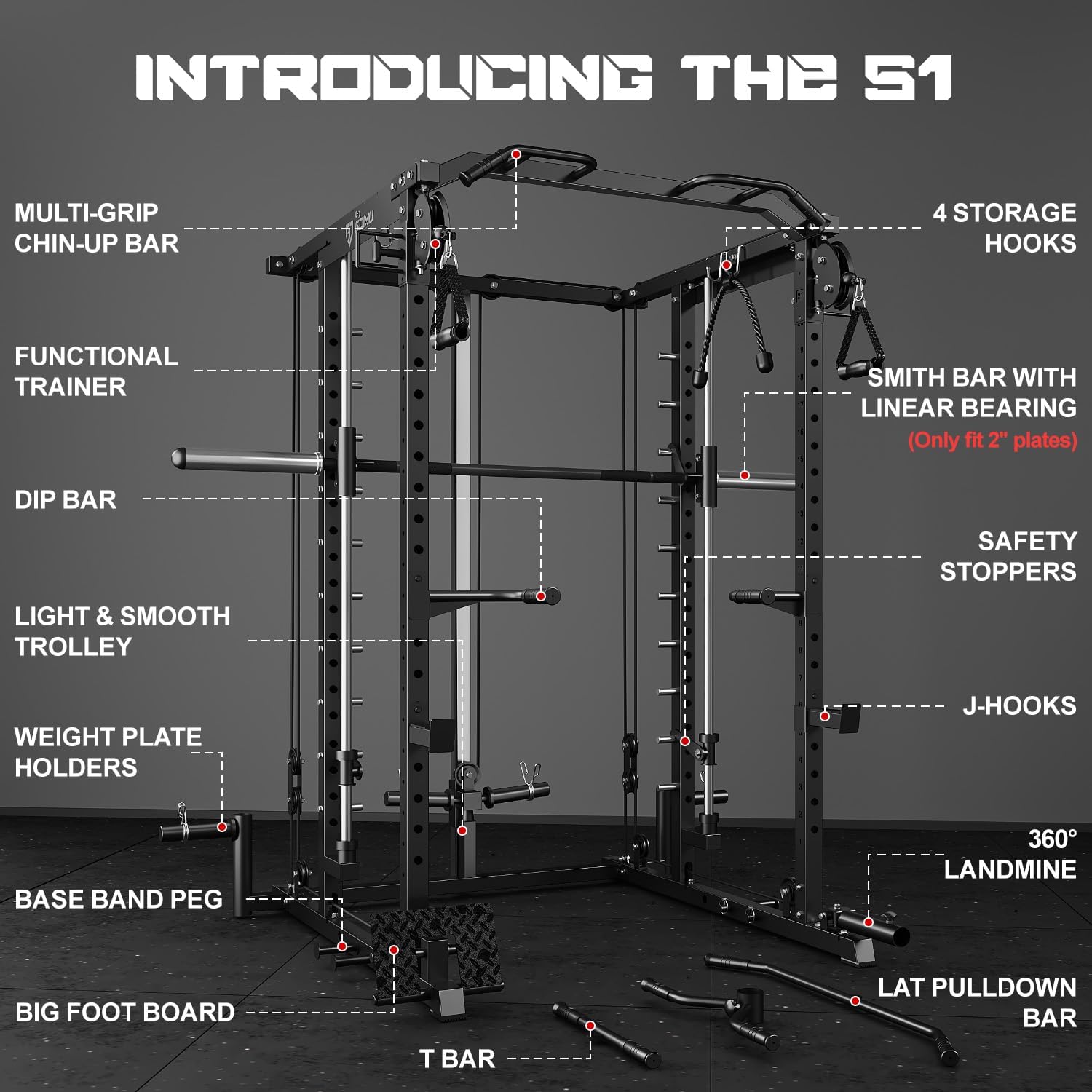 S1-V4 Smith Machine, 2000LBS Power Cage with Cable Crossover System, All-in-One Squat Rack with Smith Bar, Strength Training Equipment for Hone Gym