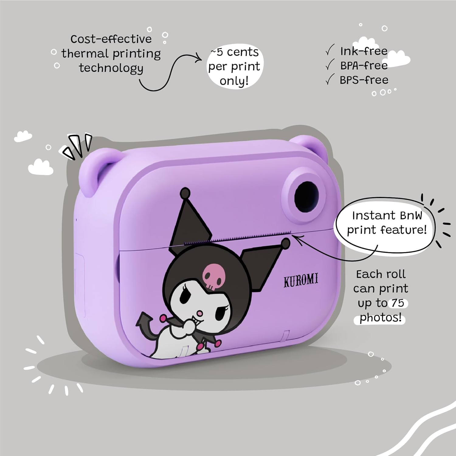 Kuromi Official Licensed Instant Print Digital Camera, 2.4' HD Screen, Ink-Free B&W Printing, Selfie Lens, 1080p Video, 32GB Memory Card (Model P) by kiimento