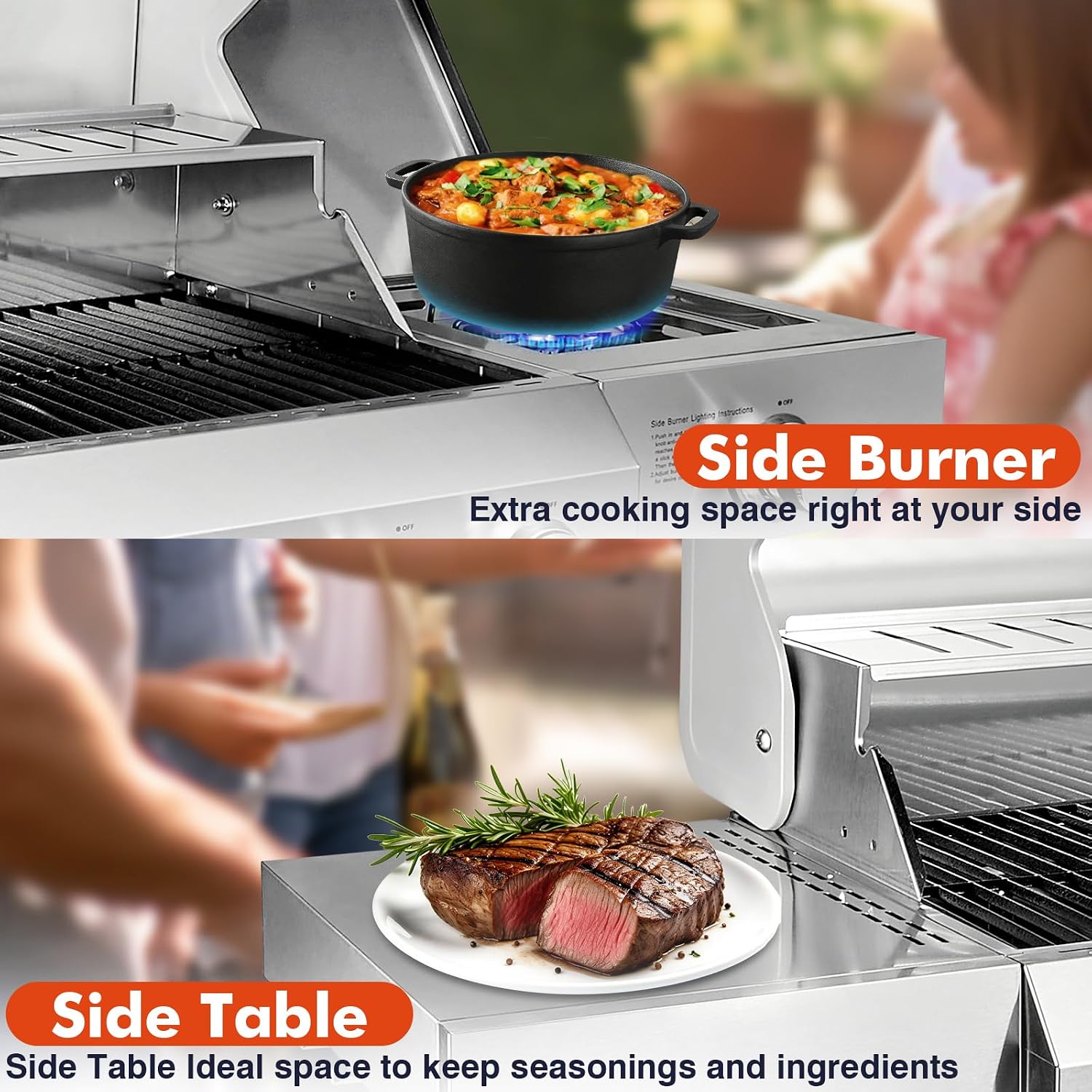 Llamaviva 5 Burner Propane Gas Grill with Side Burner,Stainless Steel BBQ Grill with Porcelain-Enameled Cast Iron Grates, 68000 BTU Cabinet-Style Cart Design for Outdoor Patio Barbecue- food clip