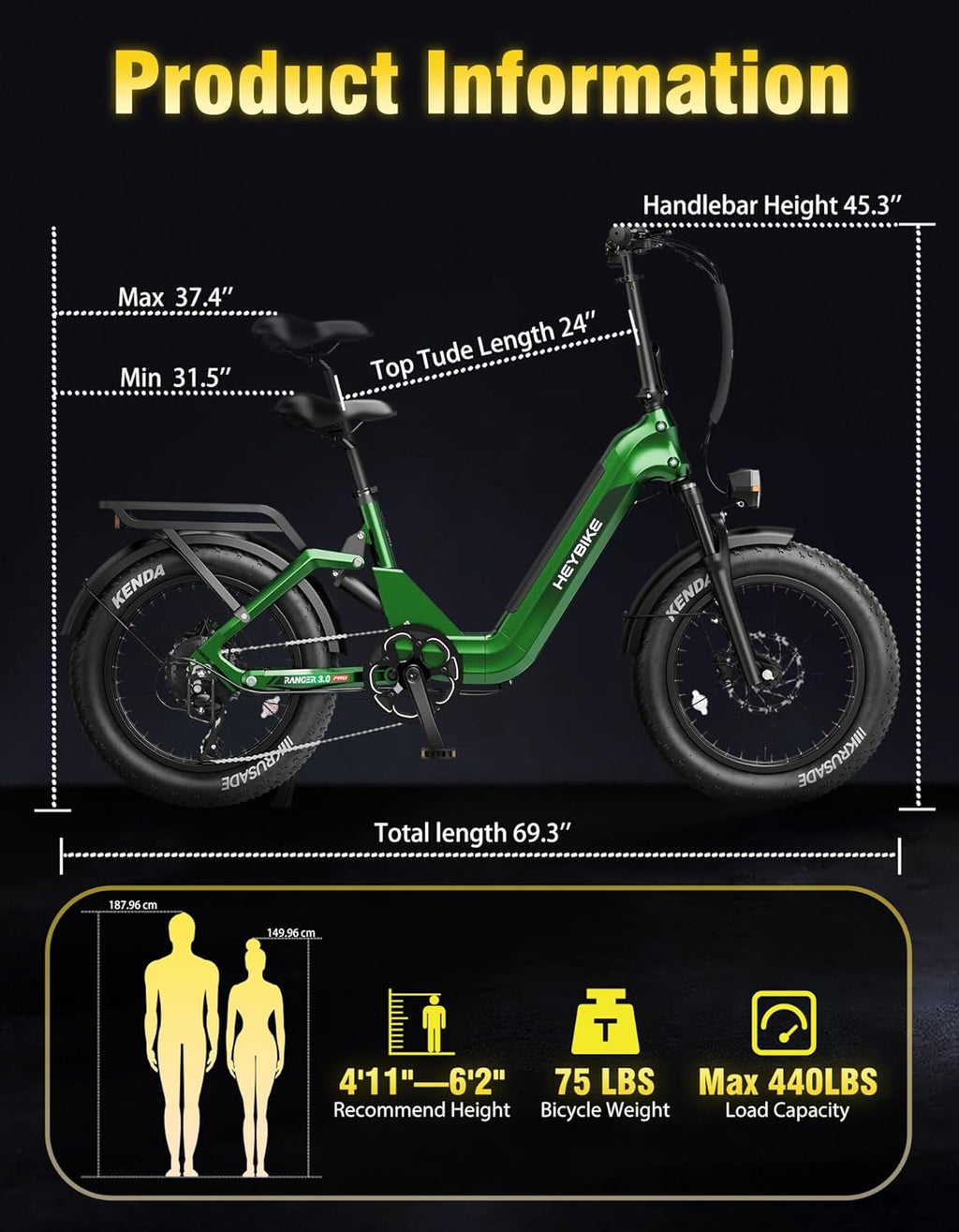 Heybike Ranger 20'x4.0' Fat Tire Folding Electric Bike for Adults, 1200W/1800W Peak Motor, 28/32MPH, up to 55/90 Miles Range, UL2849 Certified Removable Battery for Commute Beach Mountain Snow E Bike