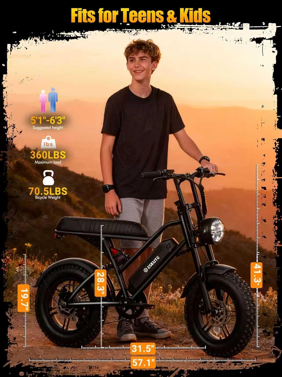 ESKUTE V100 Electric Bike for Adults, Electric Dirt Bike 1500W Peak Motor, All Terrain Dual Suspension E Bike 28MPH Top Speed, Ebike Up to 60 Miles Range, 16' Fat Tire, 48V13Ah Battery, 7-Speed