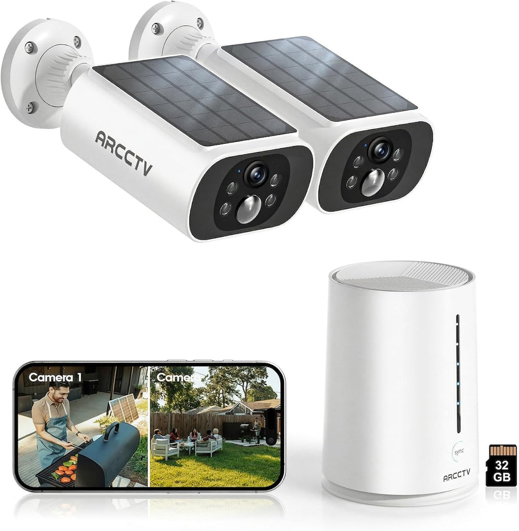 ARCCTV Solar Security Cameras Wireless Outdoor, No Monthly Fee, 2-Camera Bullet Home Security System with Base Station, 2K Video, Local Storage, Color Night Vision, Active Siren