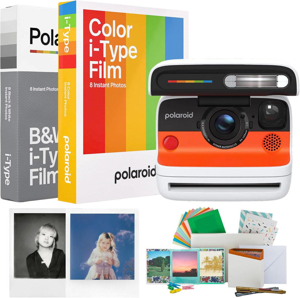 Polaroid Flip Instant Camera with Sonar Autofocus and Retro Design (White) Bundle with Color/B&W Film for i-Type and Film Kit (4 Items)