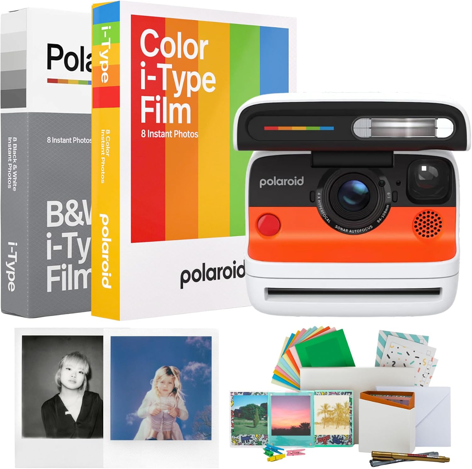 Polaroid Flip Instant Camera with Sonar Autofocus and Retro Design (White) Bundle with Color/B&W Film for i-Type and Film Kit (4 Items)