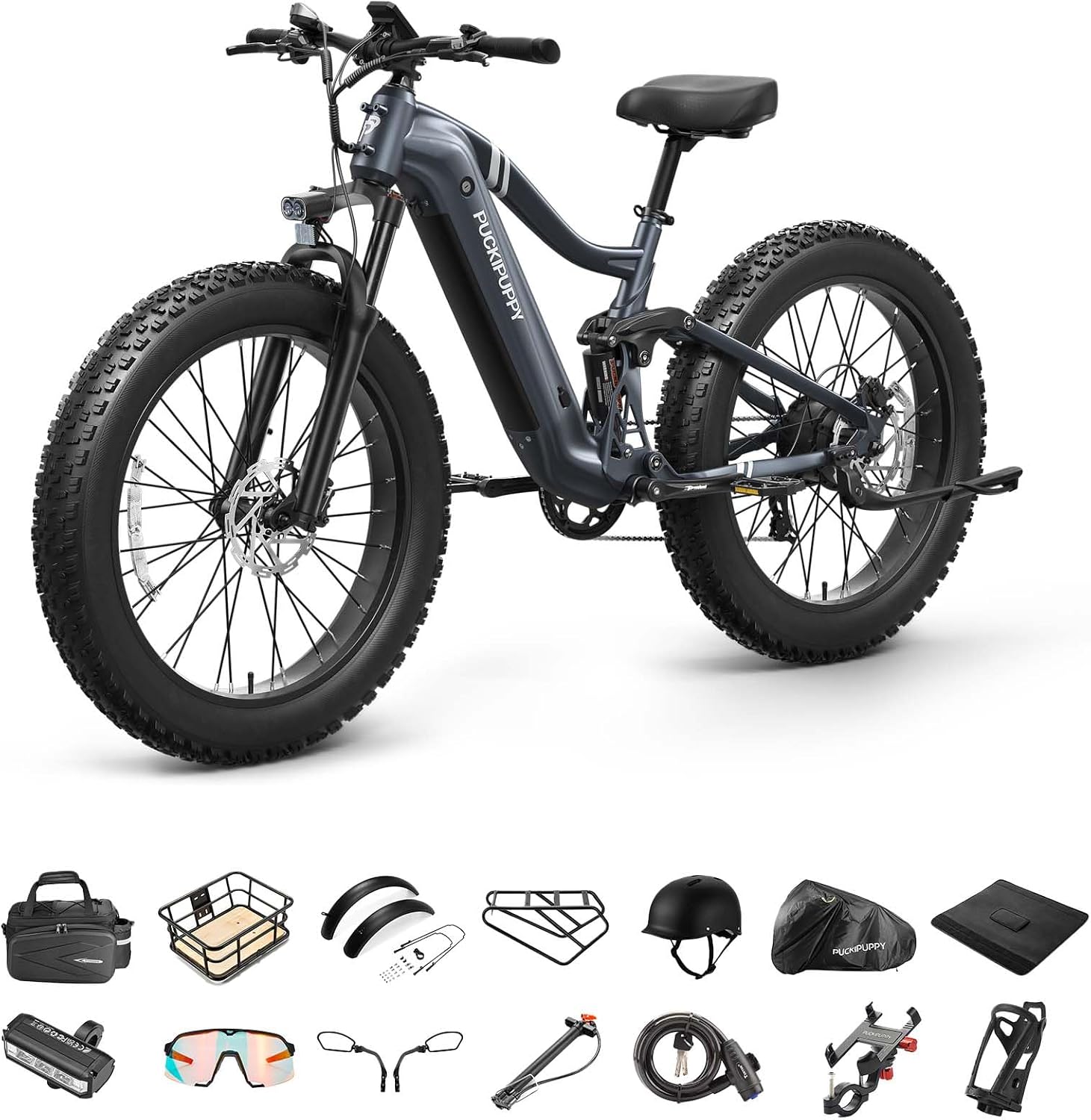 PUCKIPUPPY Boxer Electric Bike for Adults 960W, 48V 20AH Battery Ebike, Full Suspension 26' Fat Tire E Bike, 28MPH 80Miles Range Mountain Electric Bicycle, 7 Speed Hydraulic Disc Brakes