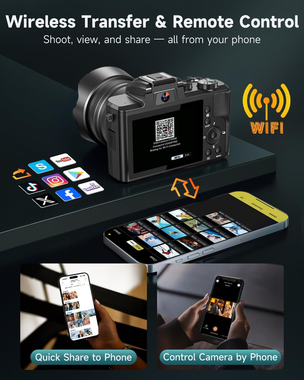 8K Digital Cameras for Photography, Autofocus 88MP WiFi Vlogging Camera for YouTube with Selfie Lens, Professional Video Camera with Flash, Touch Screen, Lens Hood, 64GB Card, 2 Batteries