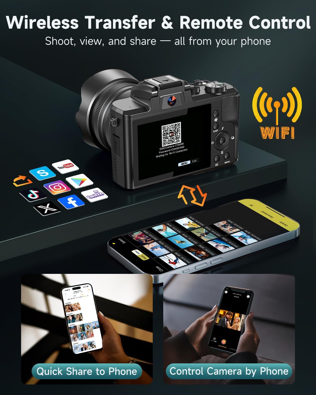8K Digital Cameras for Photography, Autofocus 88MP WiFi Vlogging Camera for YouTube with Selfie Lens, Professional Video Camera with Flash, Touch Screen, Lens Hood, 64GB Card, 2 Batteries