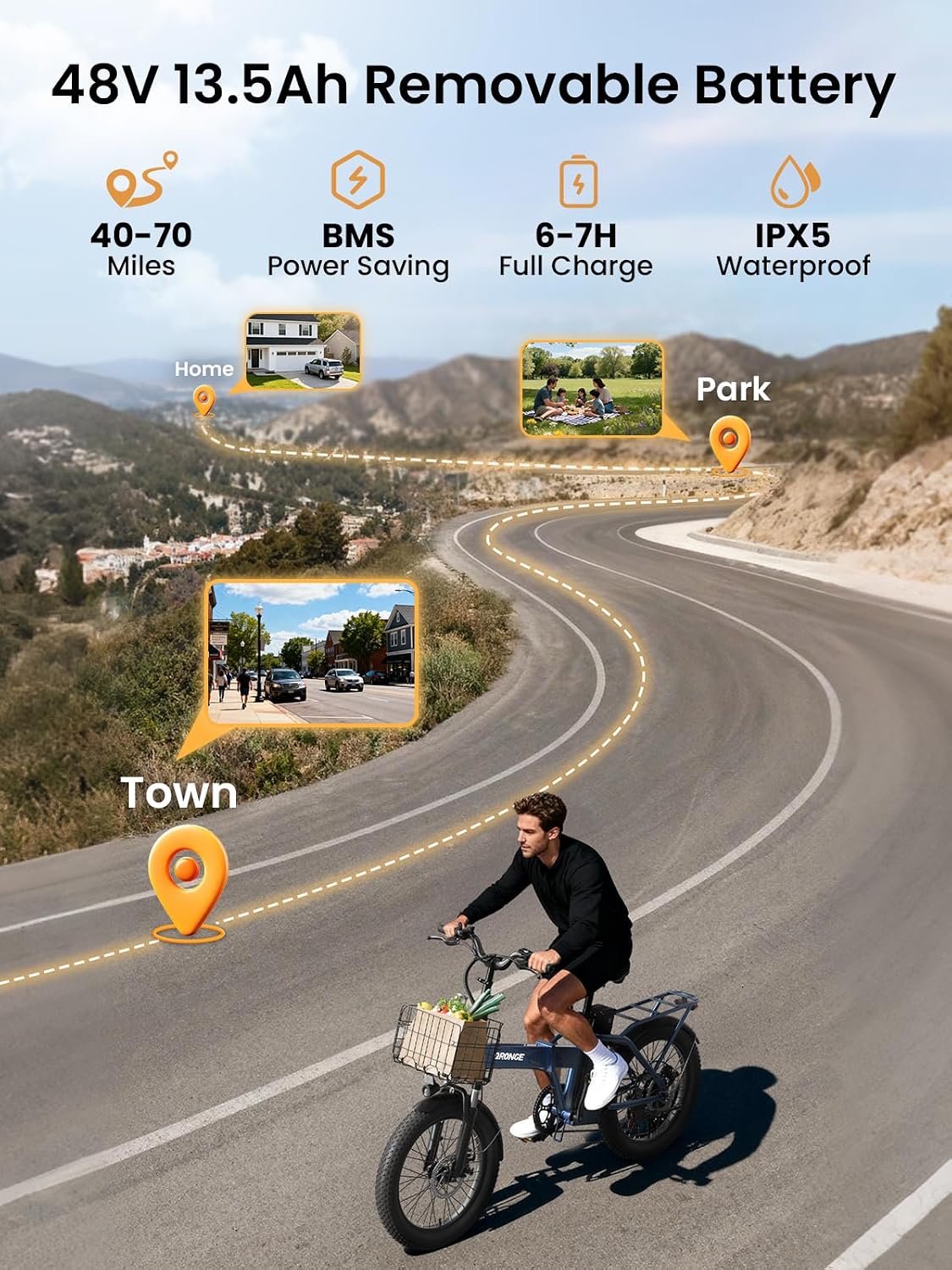 QRONGE Folding Electric Bike, E-Bike Foldable 1000W Peak, 48V 13.5AH Removable Battery Ebike, 20' Fat Tire, 70 Max Miles Range, 28maxMPH, Electric Bike for Adults, Adult Electric Bicycles for Commute