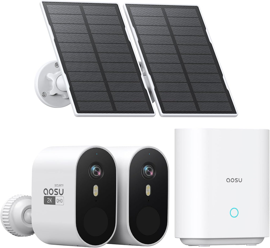 aosu Solar Security Cameras Wireless Outdoor, 2-Cam Kit, 2K QHD Home Security System with 166° Ultra-Wide Angle, Color Night Vision, 120 Days aosuBase Local Storage, No Subscription Needed