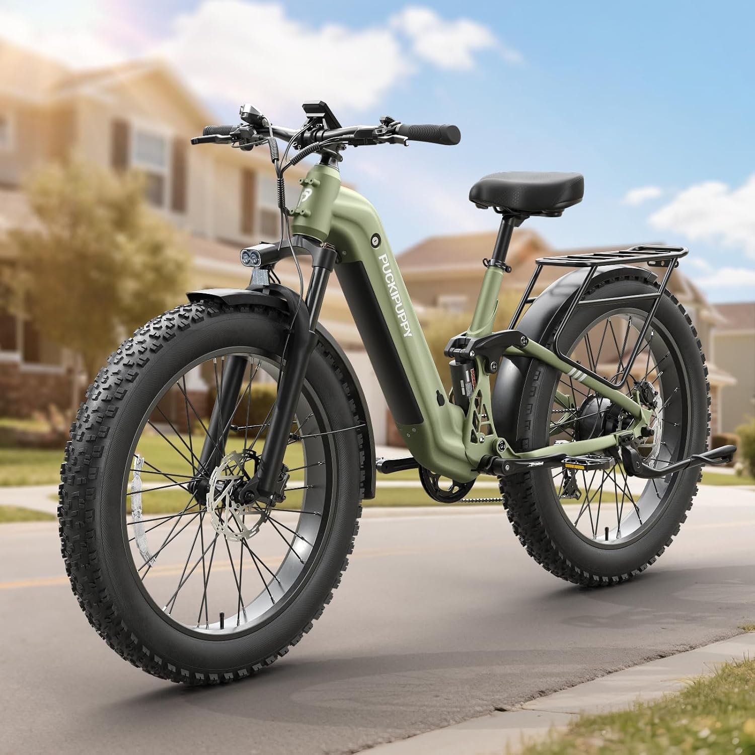 PUCKIPUPPY Electric Bike for Adults 960W, 48V 20AH Battery Adult Electric Bicycles, 26' Fat Tire Full Suspension Step-Thru Ebike, 28MPH Mountain Ebike, 7 Speed, 80Miles Range