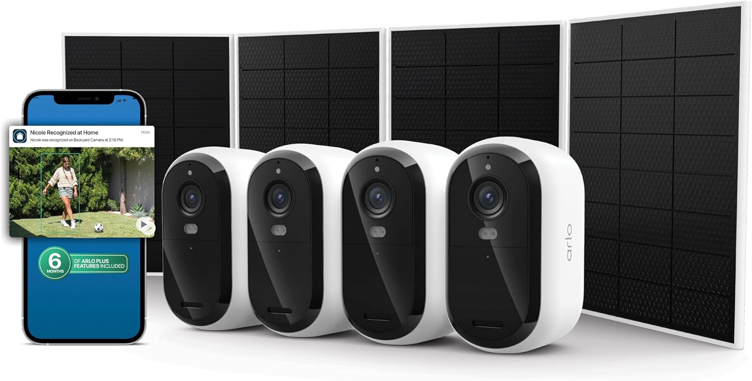 Arlo Essential Security Camera 2K (3rd Gen, 2025 Release) 4 Cam + 4 Solar Panels + 6 Months of Secure Plus Plan - Wireless Outdoor Camera, Battery Power, Person Recognition, Package Detection, White