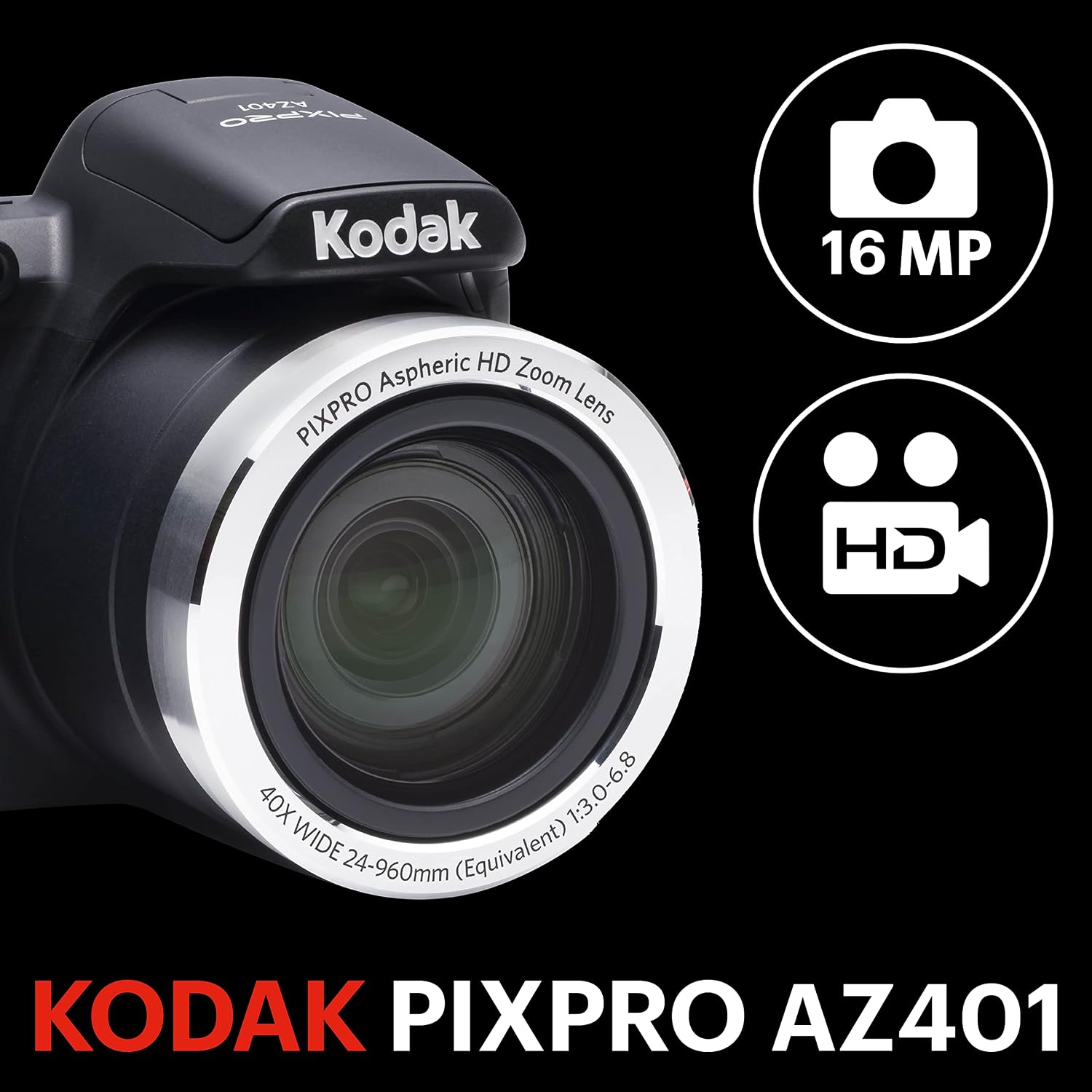 Kodak PIXPRO Astro Zoom AZ401-BK 16MP Digital Camera with 40X Optical Zoom and 3' LCD (Black)