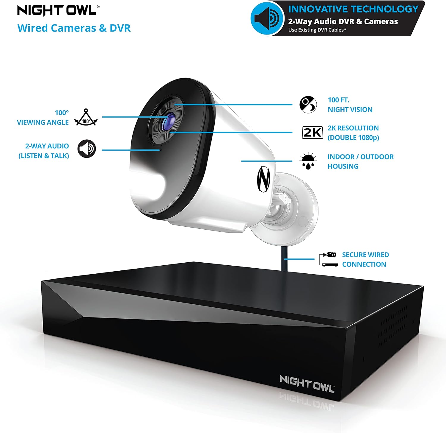 Night Owl 2-Way Audio 12 Channel DVR Video Home Security Camera System with (8) Wired 2K HD Indoor/Outdoor Deterrence Cameras and 2TB Hard Drive (Add up to 4 More Wi-Fi Cameras) (8 Camera)