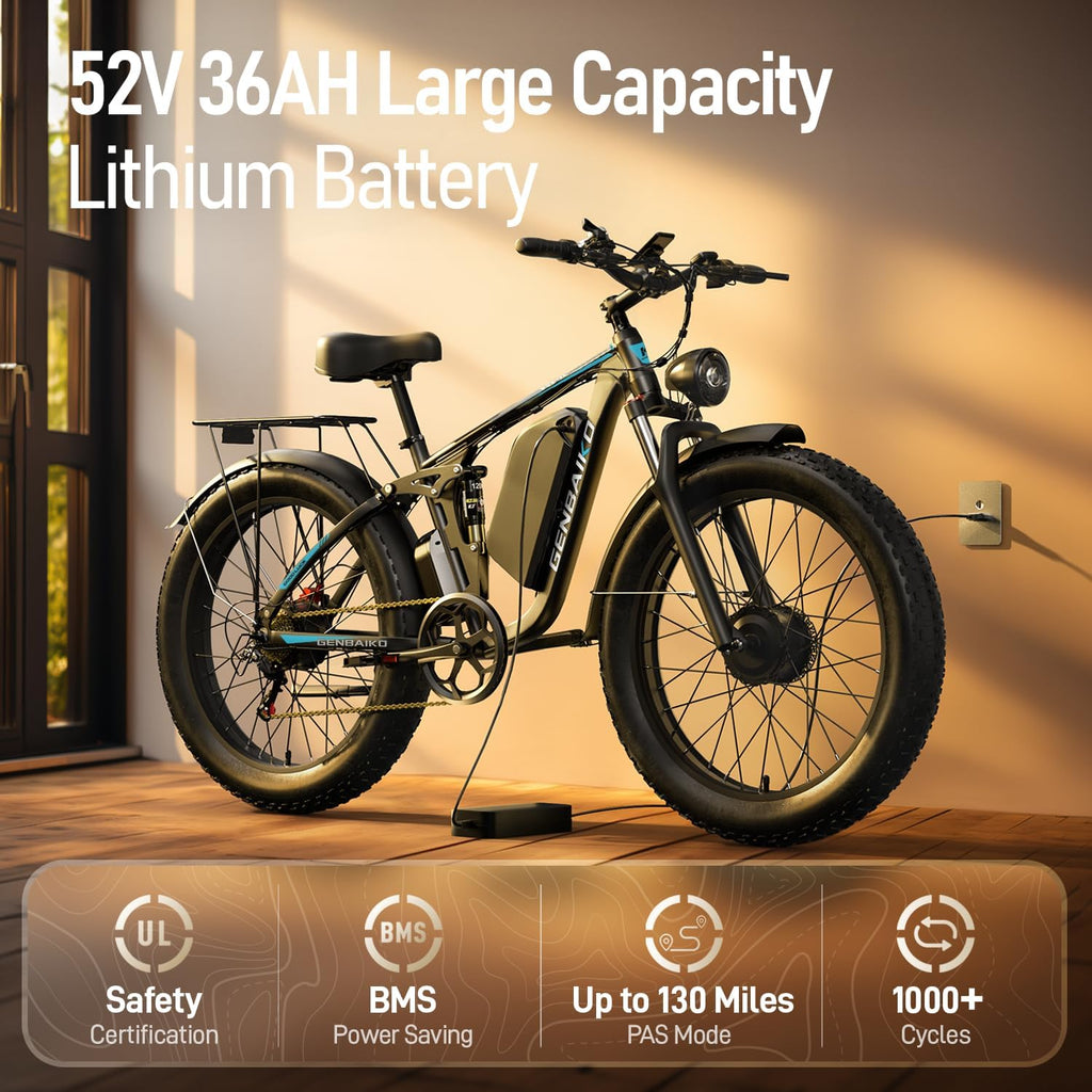 Electric Bike for Adults 51MPH 36Ah 52V Fast Ebike 6000W Peak Dual Motors 26' Full Suspension Fat Tire E Bikes for Men with Hydraulic Brake 130 Miles Electric Bicycle