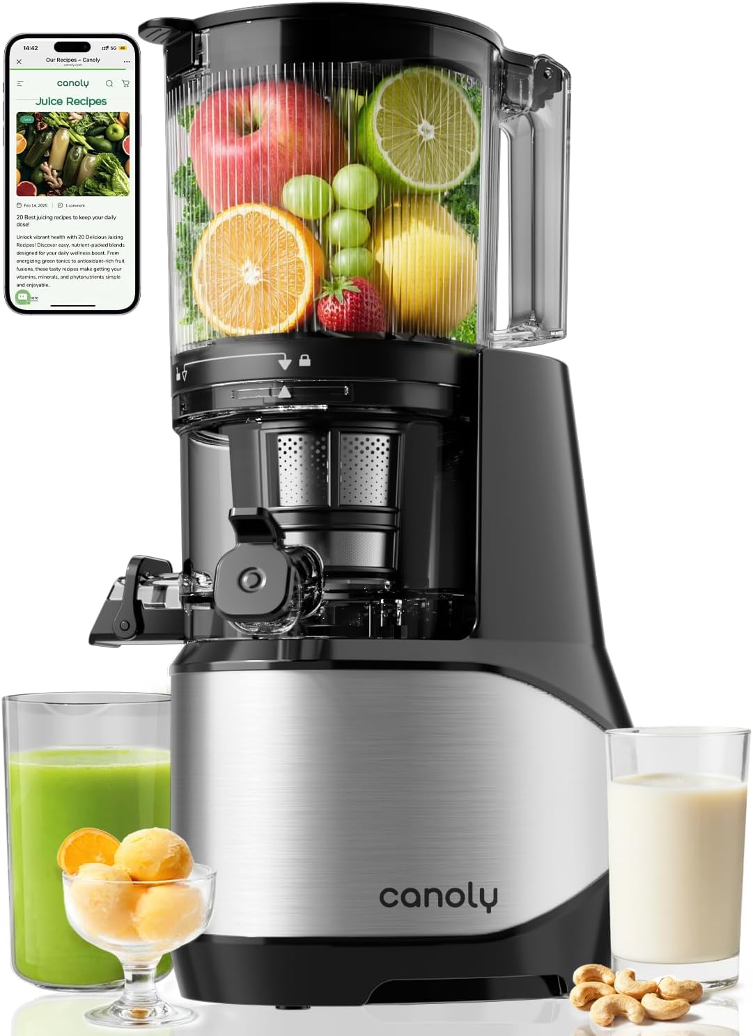 Canoly C09 Cold Press Juicer, 6' Extra Wide Feed Chute, 3-IN-1 Strainers (Juice & Sorbet & Nut Milk), Powerful AC Brushless Motor, Self Precut System, Juicer Machines with BPA-Free (Classic)