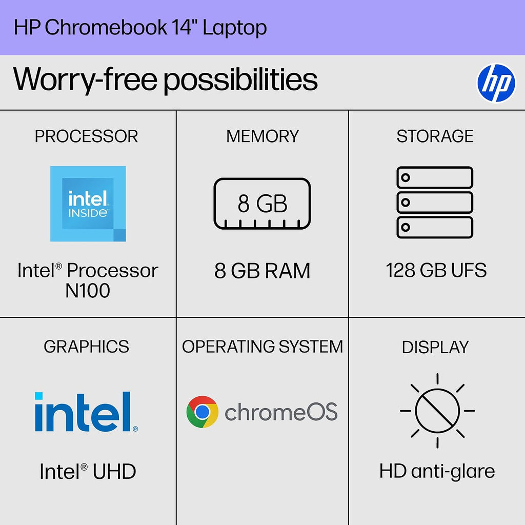 HP Chromebook 14 inch Laptop, HD Display, Intel Processor N100, 8 GB RAM, 128 GB UFS, UHD Graphics, Chrome OS, Chalkboard Gray, 14a-nf0099nr
