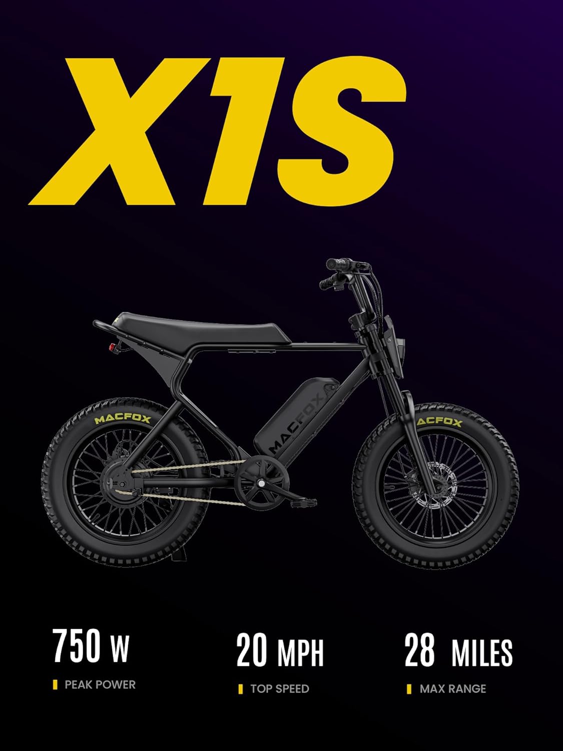 MACFOX X1S Electric Bike for Adults - Peak Power 750W, 20MPH High-Speed Commuter Ebike, 38 Mile Range, 20' All-Terrain Fat Tires with Front Suspension, Off-Road/Campus E-Bicycle (Class 2/Black)