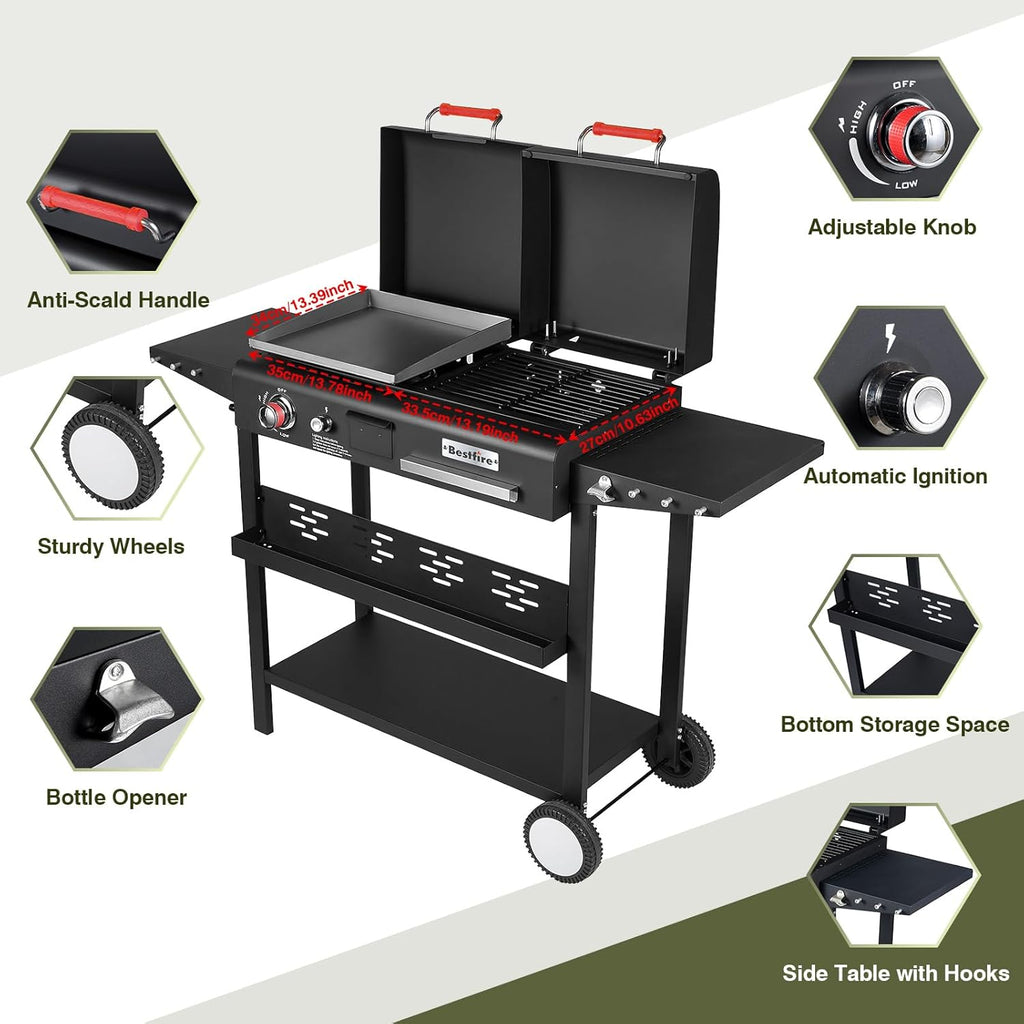 Bestfire Dual Fuel Propane Gas Charcoal Grill Combo Black Dual Lids, Flat Top Grill With 2 Side Shelves for BBQ, Outdoor and Backyard Cooking