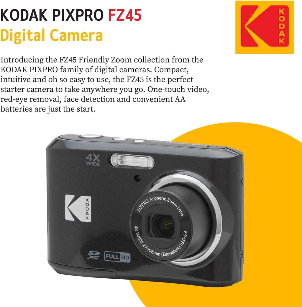 Kodak PIXPRO FZ45 Digital Camera, 32GB Memory Card, Point and Shoot Camera Case, Extendable Monopod, Lens Cleaning Pen, LCD Screen Protectors, Table Top Tripod â€' Ultimate Bundle (Black)