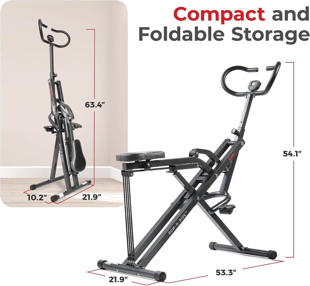 Sunny Health & Fitness Row-N-Ride Squat Machines, Adjustable Resistance and Seating/Handle for Home Glutes Training, SunnyFit App Access Included